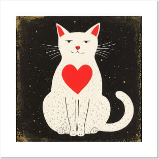 White cat in black window with heart Posters and Art